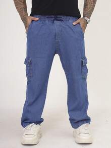 Calça Cargo Masculina Jeans, Modelagem Oversized Confortável Casual com 6 bolsos Estilo Skate - Lavagem Média - Visão 2