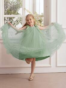 Young Girl Elegant Mint Green Bow Tulle Princess Dress, Suitable For Birthday Party, Casual Outing, Stage Performance, Holiday Celebration - Mint Green - View 4