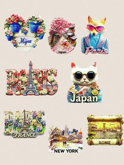 1pc 3D Embossed Fridge Magnet, Featuring 8 Iconic Designs Including Barcelona Colorful Lizard & Sagrada Familia, London Double-Decker Bus & Red Phone Booth, Paris Street Scene, Japan Autumn Rabbit, Thailand Golden-Blue Elephants, Suitable For Fridge/Office Cabinet Decor, Travel Souvenir, Birthday Gift
