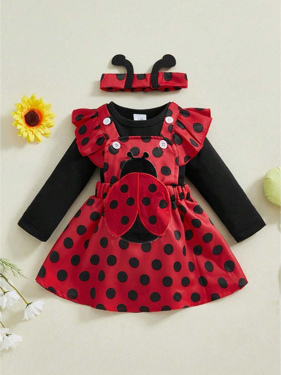 Conjuntos de falda de otoño para niñas pequeñas, mono con mangas voladoras, vestido con tirantes y bordado de abeja/escarabajo, conjuntos de diadema - Rojo - Ver 1