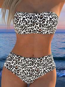 Bikini de 2 piezas con estampado de leopardo y parte superior tipo bandeau de talle alto, estilo europeo y americano - Multicolor - Ver 5