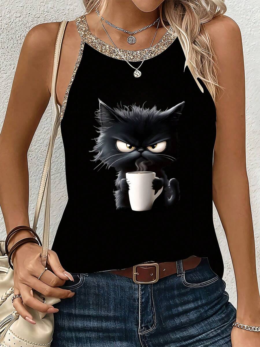 Grumpy Cat With Coffee Graphic Women's Casual Printed Summer Tank Top - 黑色 - 查看 1