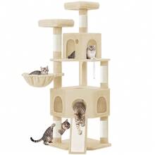 HaluPeit Tiragraffi, 174 cm, XL, 2 piattaforme, 2 grotte, 4 tiragraffi, 1 tavola tiragraffi, corda in sisal, palline di peluche, tiragraffi per fglie con più gatti - Beige - Visualizzare 8