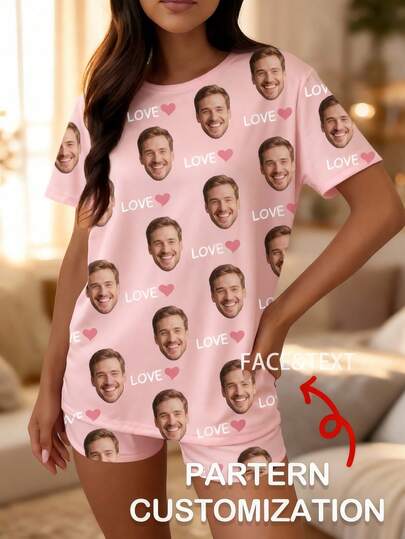 2pcs Customized Women's Pajama Set - Ideal For Spring, Includes Personalized Sleepwear With Custom Graphic Design. Offers Customization Service Based On Provided Images (E.G. Male, Female, Child, Pet Portraits), Also Suitable As A Gift. This Set Features Vibrant, Cute And Lively Patterned Designs, An Ideal Gift For Couples And Families.