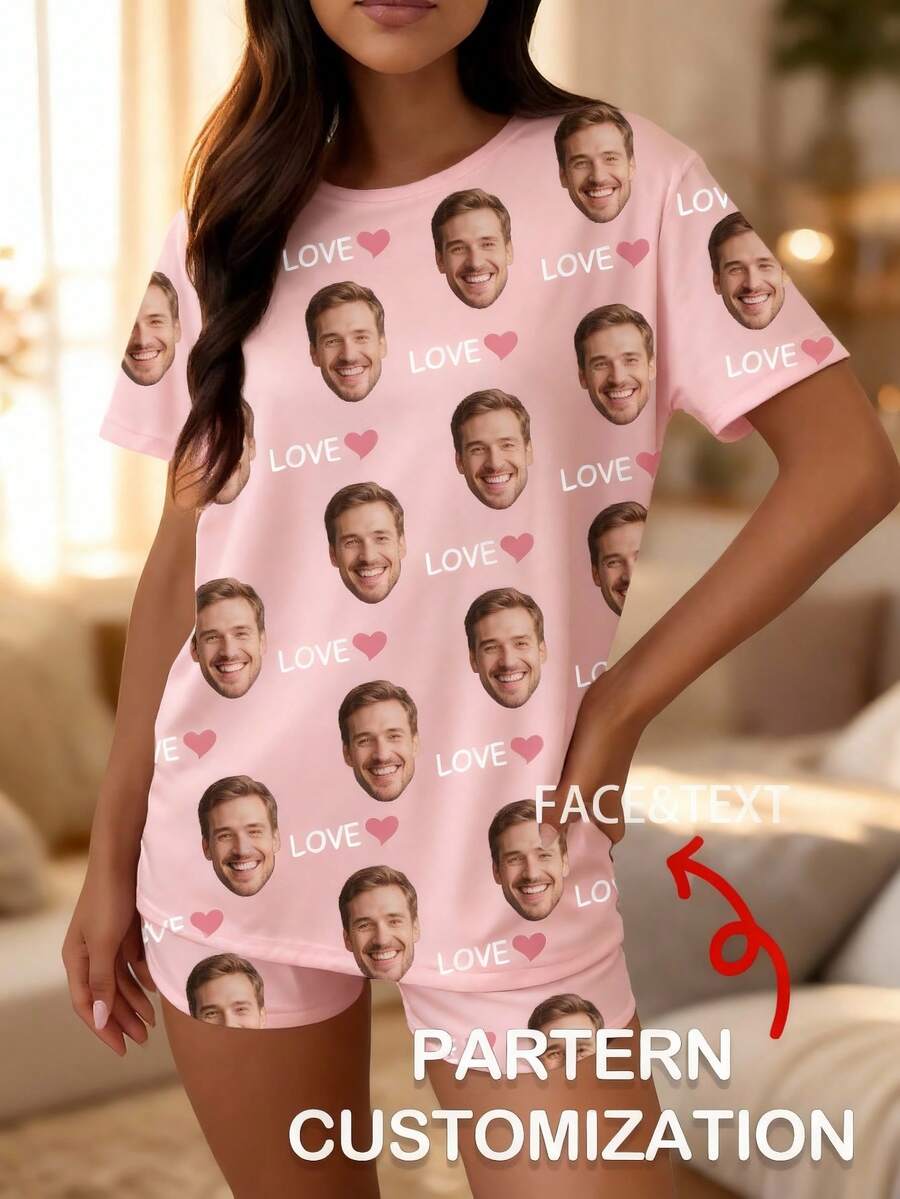 1pc Women's Custom Face & Text Pajama Set, Black With Personalized Face, LOVE And Pink Heart Prints, Soft Fabric, Casual Style, Ideal For Home Wear - Pink - View 1