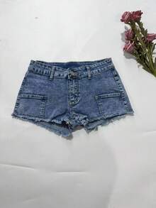 女士休闲牛仔迷你短裤，毛边直筒设计，中等弹力面料 - 藍色 - 查看 6