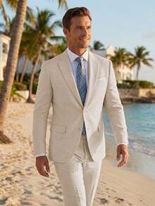 2pcs Men's 2 Piece Beige Linen Suits For Men Slim Fit Casual Beach Wedding Summer Grooms Groomsmen Linen Blazer Pants Suit - 米色 - 查看 11