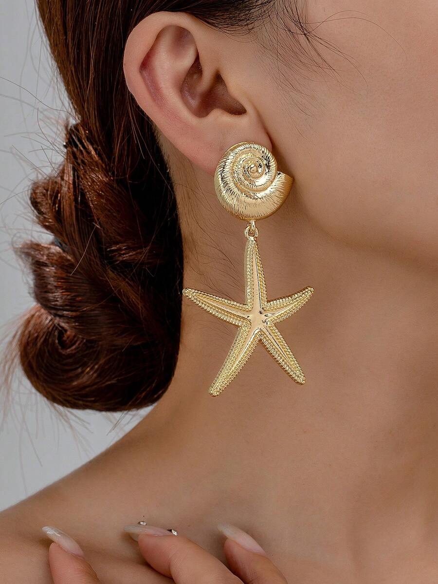 1 Pair Fashionable Versatile Retro Starfish & Shell Dangle Earrings - Golden - View 1