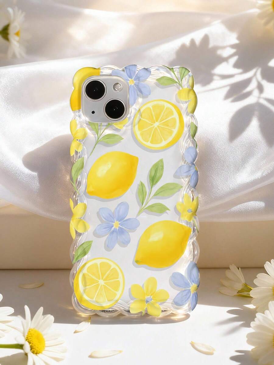 1pc Fresh And Energetic Girl Style Lemon Floral Pattern Wavy Lace Silicone Anti-Drop Transparent Phone Case Compatible With IPhone 11/12/13/14/15/16/17 Pro Max - Multicolor - View 1