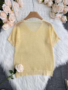 BuyK 【上衣】女士钩针编织V领短袖透视网纱毛衣，镂空沙滩罩衫，宽松波西米亚风，夏季，黄色，适合婚礼宾客、新娘母亲、度假、邮轮、海岛蜜月旅行 - 黃色1 - 查看 6