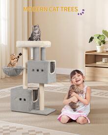 HEXCELEN 98 Cm Tower, Cat Tree, Sisal Scratching Post, Cats Tower For Indoor, Multi-Level Stable Cat Tree With Cats House, 2 Caves - Light Grey - View 1