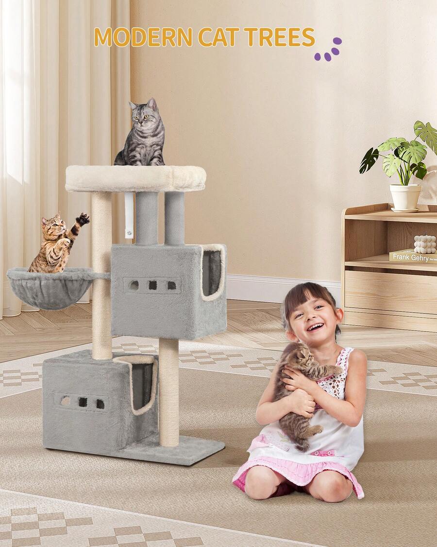 HEXCELEN 98 Cm Tower, Cat Tree, Sisal Scratching Post, Cats Tower For Indoor, Multi-Level Stable Cat Tree With Cats House, 2 Caves - Light Grey - View 1