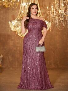 UNITHORSE Plus Size Random Cut Asymmetric Shoulder Short Sleeve Sequin Waist Cocktail Dress - Red Violet - View 3