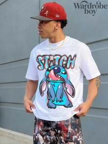 Disney Printed T-Shirt,Men's"Spray Paint" Graffiti Stitch Printed T-Shirt,Unisex,High-Quality Pure Cotton T-Shirt,Suitable For All Seasons, Comfortable And Breathable| Exquisite Design | The Best Choice For Giving Gifts - 白色 - 查看 1