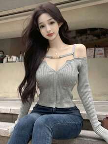 Nueva Blusa de Punto Ajustada con Cuello en V, Sin Mangas y Puños con Botones para Primavera/Verano - flor gris - Ver 3