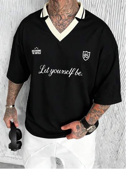 YUNCHIC 男士复古足球印花 Polo 衫，美式复古撞色 T 恤，宽松超大街头风半袖上衣，夏季必备