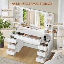 HEXCELEN 135 Cm Dressing Table With Mirror, Vanity Desk With 10 LED Lights, Adjustable 3-Colour LED Lights, Makeup Desk With Plug, Hairdryer Holder, 8 Drawers, Open Storage Spaces, Modern White-Silver - White - View 3