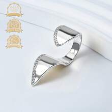 1pc Fashionable Luxury Elegant Unique 925 Sterling Silver Synthetic Zirconia Geometric Line Asymmetrical Open Ring, Suitable For Women's Vacation & Party - Silver - View 8