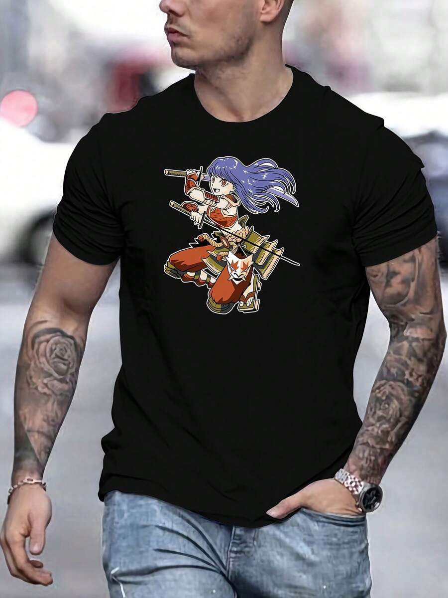 Camiseta de Algodón Casual de Verano con Estampado Creativo de Guerrero Japonés para Hombre. Estilo deportivo y de ocio. Camiseta de cuello redondo para uso diario - Negro - Ver 1