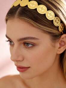 女士双层奥斯曼硬币图案发箍，复古摩洛哥镀金优雅发饰，适合派对、节日、准新娘等场合佩戴。 - 亮黃色2 - 查看 8