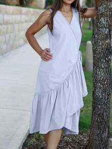 Women's V-Neck Ruffle Hem Mid-Length Dress - Asymmetric Sleeveless Casual Vacation Dress, Beach & Street Style Summer Elegant - Light Grey - View 4