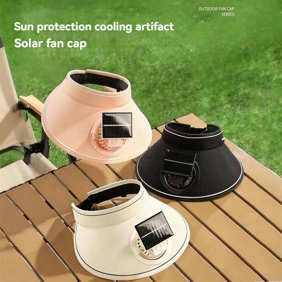 1个300mAh可充电+太阳能供电便携式头戴风扇，双电源模式，3档风速可调，45°倾斜角度调节 - 彩色 - 查看 1