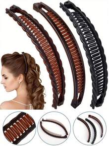 2/1 Peça Presilha de Cabelo Banana Grande - Presilha de Cabelo Vintage Antiderrapante com Dentes de Pente de Dupla Fileira, Adequada para Cabelos Grossos, Longos e Cacheados, Fixação Segura e Desembaraço Suave, Café e Preto, Presente de Natal, Presilha de Cabelo Banana, Acessório de Cabelo Decorativo, Estilo Vintage, Durável, Presente de Feriado - Multicolorido - Visão 1