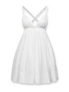 白色荷叶边迷你连衣裙 | 吊带露背夏秋过渡必备单品 - 前系带开衩下摆度假连衣裙，适合约会和波西米亚风度假 | 时尚休闲度假系列 - 象牙白色 - 查看 2