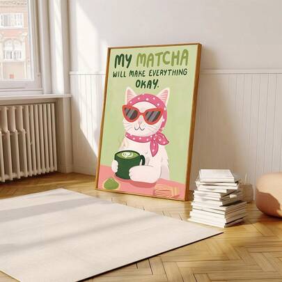 1pc Retro Matcha Cat Wall Art Picture Cute Kawaii Cat With Fashion Glasses Prints Canvas Paintings 'My Matcha Will Make Everything Okay' Quote Posters Kitchen Coffee Bar Decor For Cat Lovers Unframed Or Framed