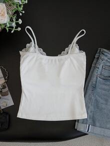 蕾丝V领性感吊带背心，女士春夏款，带衬垫，镂空设计，修身剪裁，白色休闲打底衫 - 白色 - 查看 4