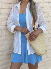 1件女士夏季轻薄透明白色条纹长袖休闲度假风衬衫 - 白色 - 查看 6