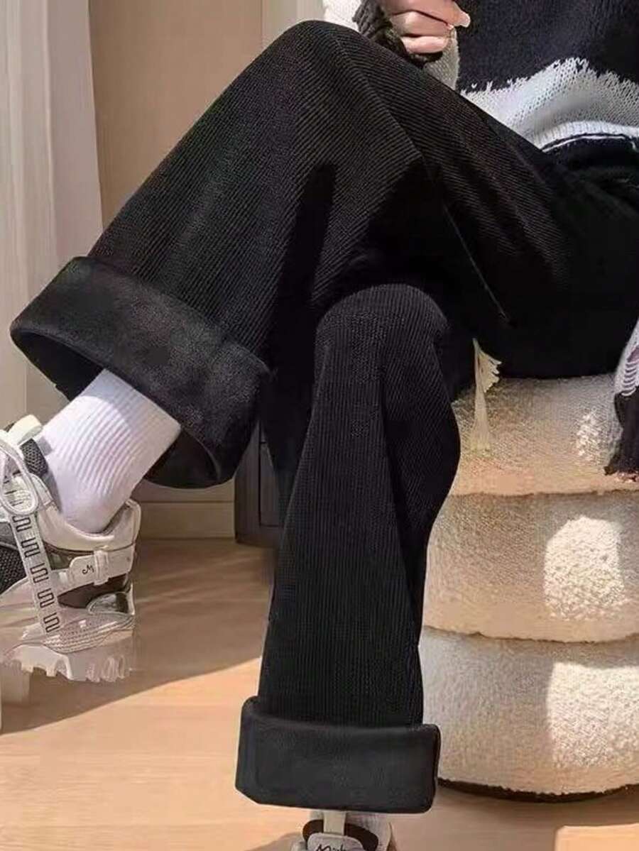 Women's Bestselling Item: Comfortable Casual Daily Warm Thick Solid Color Winter Drawstring Pants, Simple Commuting Straight Leg Trousers Black - Black - View 1