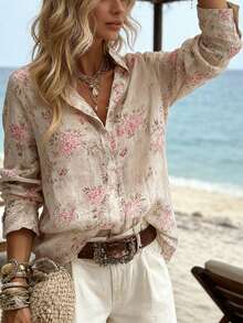 女士亚麻印花纽扣衬衫，宽松长袖翻领上衣，休闲波西米亚风假日装扮 - 杏色 - 查看 3