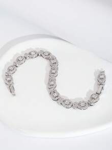 1 Set Luxury Elegant Cubic Zirconia Inlaid Teardrop Design Bracelet, Suitable For Women's Wedding & Party Wear, Excluding Gift Box - Silver - View 3