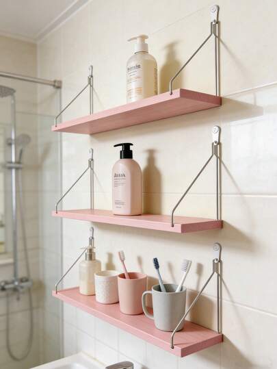 1 pieza Estantería flotante para baño, Estante de almacenamiento montado en la pared sin taladrar, Soporte multinivel para caja de TV, Soporte de madera resistente, Organizador decorativo colgante de pared color rosa pastel, Estantes de almacenamiento decorativos románticos para baño, dormitorio, sala de estar