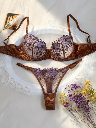 1 Set Of 2pcs Chocolate Color Sexy Women Lace Embroidery Mesh Bra And Thong Panty Set, Vintage Floral Design, Satin Padded Bra, Elegant & Romantic, Suitable For Daily And Special Occasions