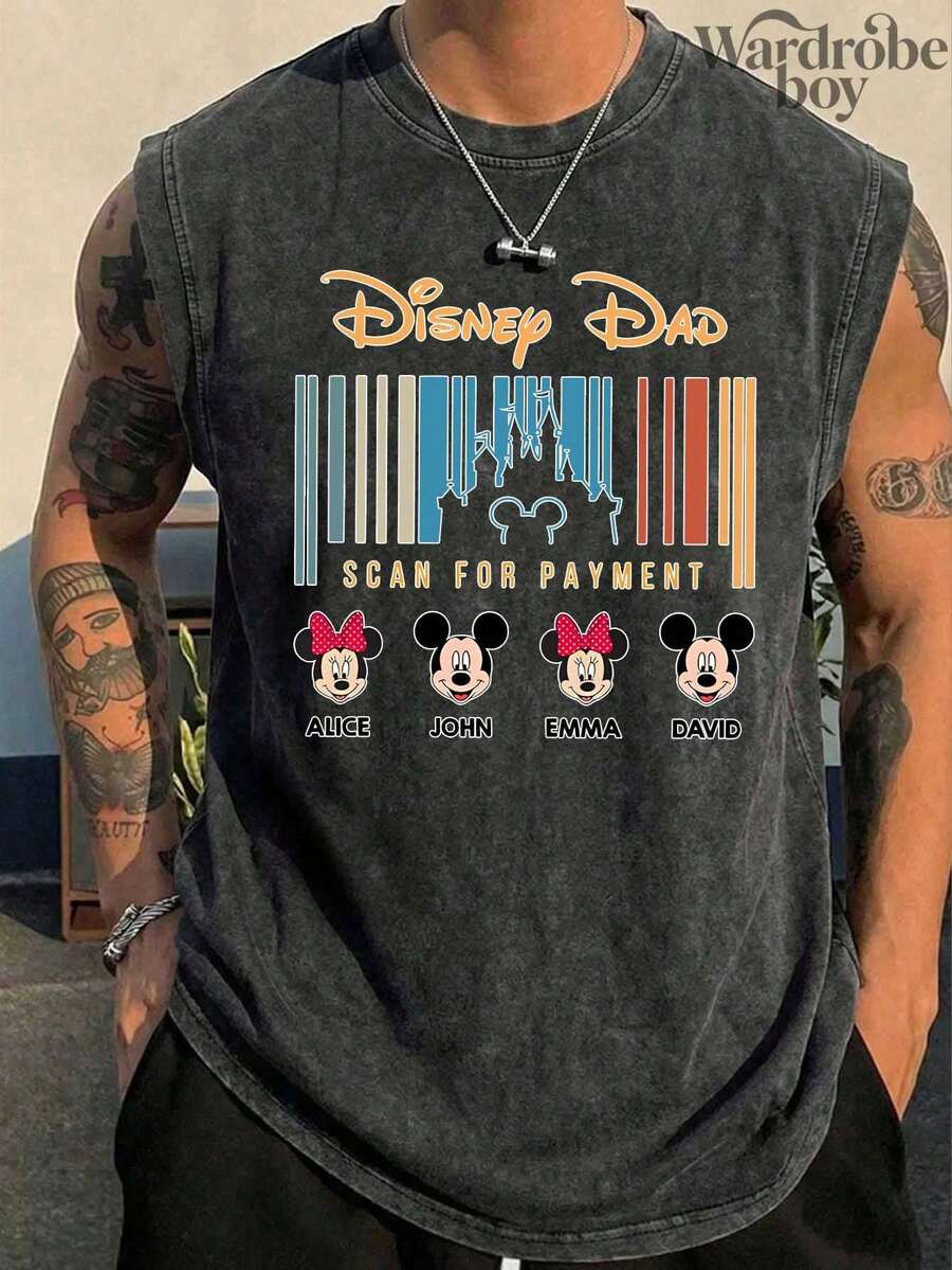 Disney Printed Wash Water Vest,Men's Disney Dad Scan-To-Pay Vest, Fun Disney Dad Tank Top, Gift For Dad, Father's Day Gift, Dad T-Shirt, Gift For Dad, Mickey Disney Tank Top - 黑色 - 查看 1