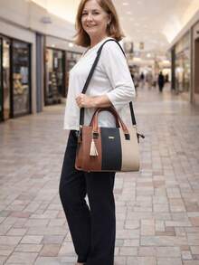 Bolsa de dama de moda bolso de mujer casual bolsa de dama multicolor bolsa de mujer con asas - Negro-cognac-maquillaje - Ver 4