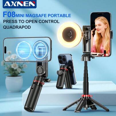 AXNEN Gậy selfie từ tính 18.2 inch/463mm, chân đế từ tính di động, gắn từ tính để lắp đặt tức thì, điều chỉnh 360°, mở/đóng bằng một nút bấm, điều khiển từ xa Bluetooth, thu phóng bằng một nút bấm, kẹp điện thoại trượt, gậy selfie có thể kéo dài, thích hợp cho quay phim du lịch, hoạt động ngoài trời, phát trực tiếp, có đèn vòng và điều khiển từ xa, quà tặng Ngày Phụ nữ, quà sinh nhật.
