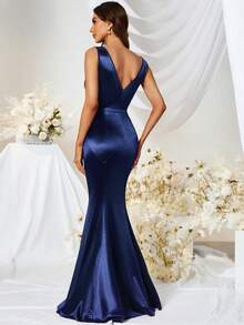 Elegante vestido de gala de sirena sin mangas de unicolor (versión con adornos) - Azul Marino - Ver 2