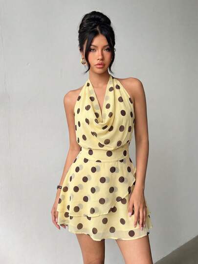 Women's Light Yellow New Polka Dot Spaghetti Strap Backless Layered Ruffle Asymmetrical Mini Dress, Elegant Fashion For Party, Evening Date, Beach Vacation, Bohemian, Sexy