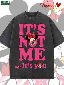 Disney Mickey And Minnie It's Not Me It's You Couple Vintage Washed T-Shirts 180g Washed Cotton Mickey And Minnie Flower Bouquet Loose Short-Sleeved Couple's Outfit - màu đen - Xem 2