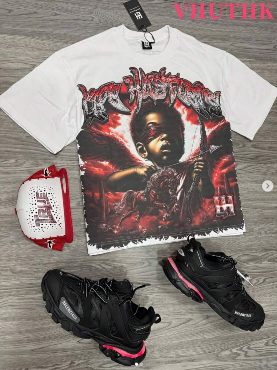 VHUTHK (180 Cotton T-Shirt) Y2K With LIFE HUSTLERS Rhinestone & Red Angel  Printed Design,  American Style. 100% Cotton Streetwear Short-Sleeved Shirt, Suitable For Men's Summer Round-Neck Short-Sleeved Shirts. - trắng - Xem 1