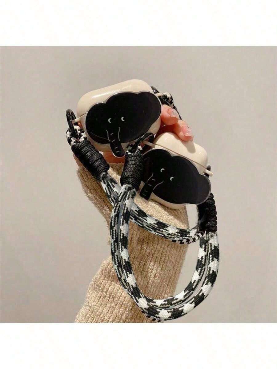 Llavero, cordón para el cuello con diseño plano 2D de elefante creativo, funda protectora compatible con auriculares Bluetooth de Apple, anti-arañazos y protección contra caídas - blanco antiguo - Ver 1