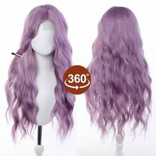 30英寸紫色合成长卷发假发，女士蕾丝前波浪假发，逼真洛丽塔长直发透气纤维假发帽 - 乾枯玫瑰色 - 查看 6