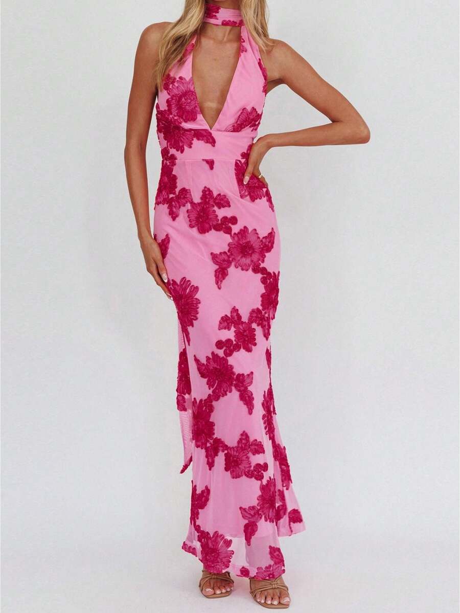 Women's Boho Floral Embroidery Jacquard Strap V Neck Halter Sleeveless A Line Plain Smocked Summer Beach Party Maxi Long Dress - 紅色 - 查看 1