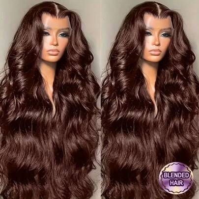 28 Inch 200 Density #4 Brown Body Wave 13X4 Transparent Lace Front Wig, With Baby Hair, Body Wave, Suitable For Daily Wear, Natural Appearance, Natural Hairline, Soft, Suitable For Women Long Hair Fashion Mixed Hair Wig
