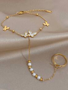 1Pc 18K Gold Plated Elegant Butterfly Finger Chain Bracelet, Women's Hand Stainless Steel Jewelry, For Valentines, Party, Gala, Daily, Dating, Mardi Gras, New Years, Wedding, Beach, Christmas Anniversary, Elegant Mom Gift Boho Jewelry Birthday Bridesmaid Gift - Multicolor - View 2