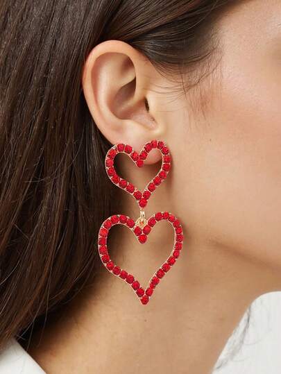 A Pair Of Double-Layer Full Diamond Hollowed Out Heart-Shaped Earrings, Red Diamond Pink Diamond White Diamond Heart-Shaped Earrings, Sweet And Cool Heart Earrings For Valentine's Day, Gifts From Friends And Family, Holiday Accessories, Daily Sweet And Cool Outfits