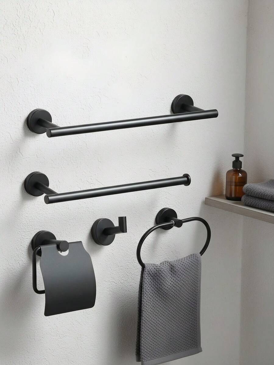 1 pieza Toallero de baño de acero inoxidable con instalación por taladro, portarrollos, barra de almacenamiento multifuncional, talla grande estable - Negro americano - Ver 1
